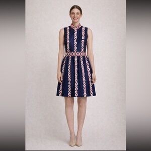 60’s Floral Mod Dress High Neckline Sleeveless Daisy Navy Red White